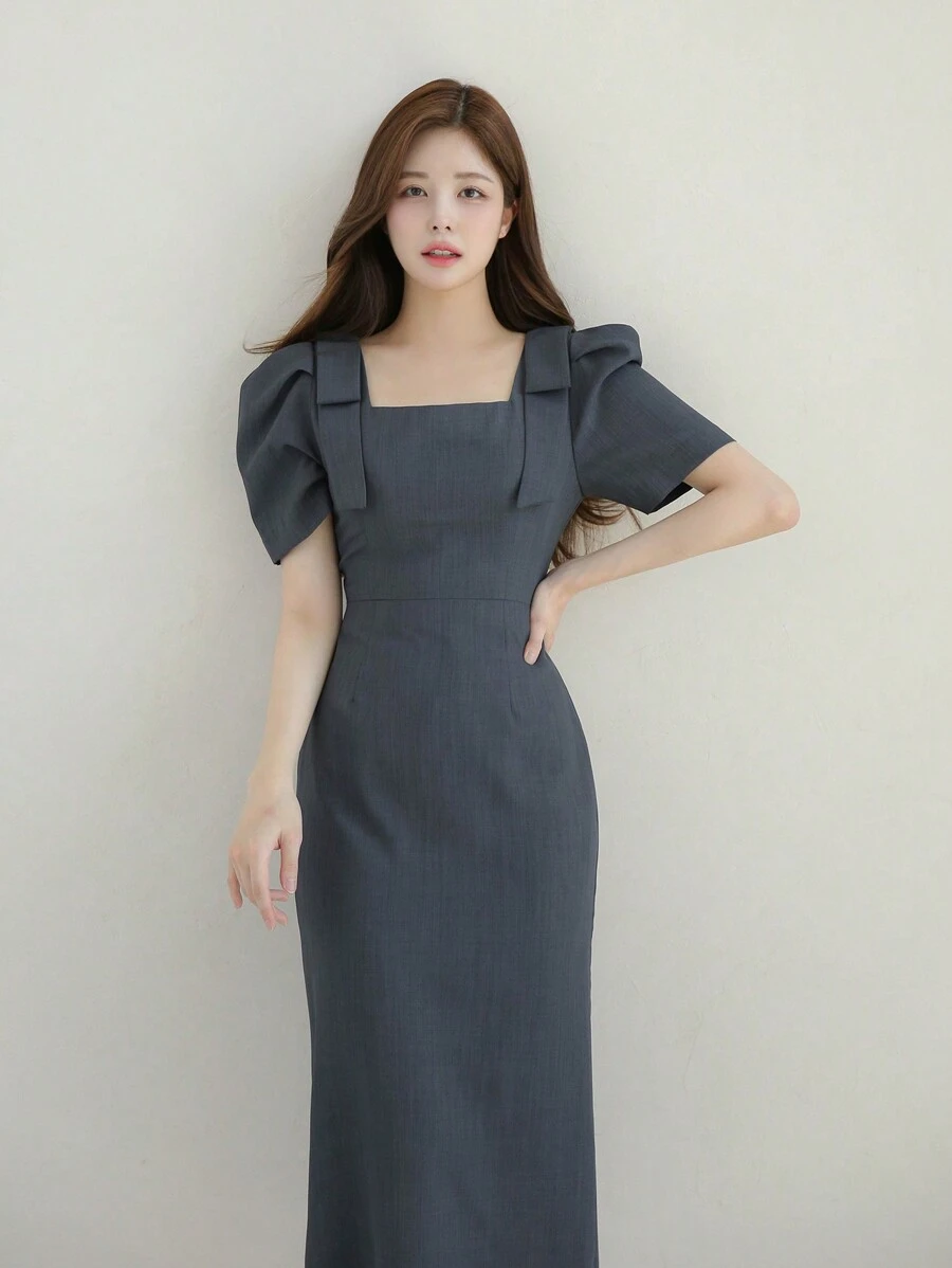 DAZY 女性泡泡袖洋裝 - 灰色 - 查看 1