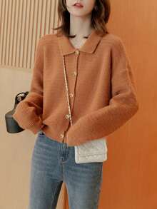 Solid Drop Shoulder Button Through Cardigan - Orange - View 3