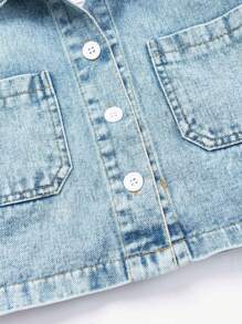 少女雙口袋單排扣短款牛仔外套 - 淺色水洗藍 - 查看 6
