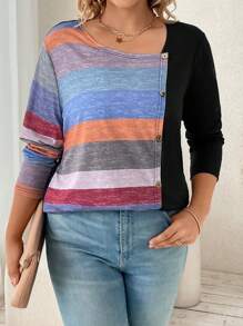 Flirla Große Größe T-Shirt mit Farbblock, Knopf vorne, - Schwarz - Übersicht 3