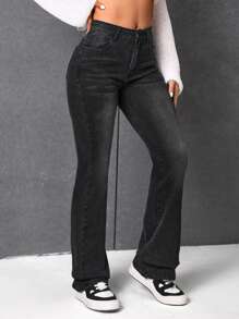 SHEIN EZwear Washed Flared Jeans - Black - View 5