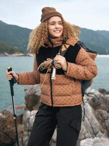 In My Nature 拼色字母图案拼色连帽棉服大衣 - 卡其色 - 查看 5