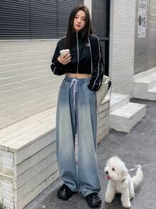 Dazy Star Women's Drawstring Waist Wide Leg Denim Pants - Medium Wash - View 3