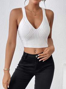 SHEIN LUNE Solid Criss Cross Back Crop Cami Knit Top - White - View 5