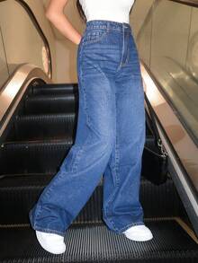 SHEIN EZwear 高腰闊腿牛仔褲 - 深色水洗藍 - 查看 2