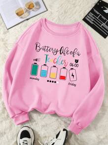 SHEIN Unity Kích thước lớn Của phụ nữ Niềm vui Pin Tỷ lệ phần trăm In Lông cừu Áo nỉ - Hồng - Xem 1