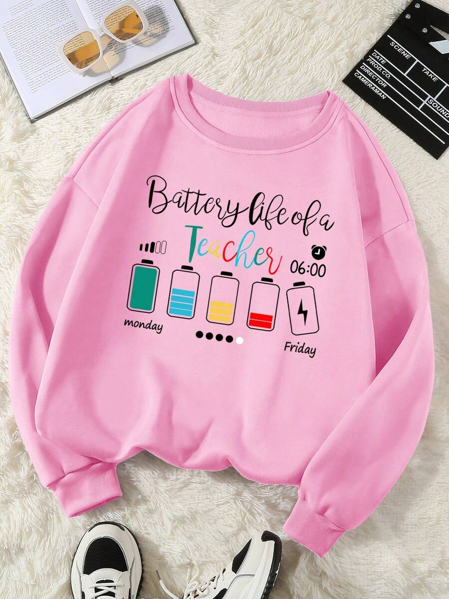 SHEIN Unity Kích thước lớn Của phụ nữ Niềm vui Pin Tỷ lệ phần trăm In Lông cừu Áo nỉ - Hồng - Xem 1