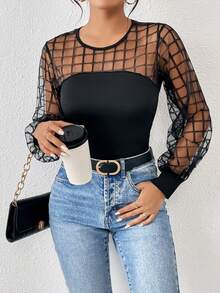SHEIN Privé 網紗拼接拼接燈籠袖上衣 - 黑色 - 查看 5