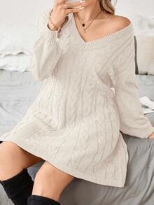 Calvaya Plus Cable Knit Lantern Sleeve Sweater Dress - Apricot - View 6