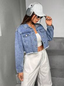 SHEIN PETITE Drop Shoulder Raw Hem Denim Jacket - Medium Wash - View 3