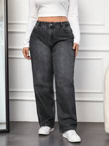 EURMUSE Plus Size  Wide Leg Washed Denim Jeans - Dark Grey - View 6