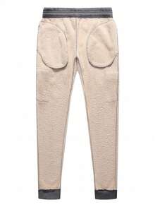 Men Flap Pocket Side Drawstring Waist Thermal Sweatpants - Black - View 4