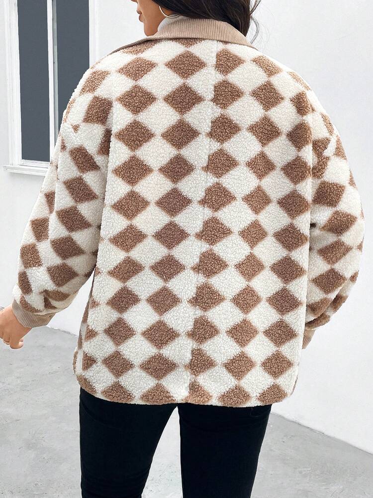 Plus Argyle Pattern Dual Pocket Drop Shoulder Teddy Coat