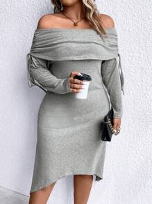 SHEIN Clasi Plus rochie pliată cu șnur cu umăr - Gri - Vizualizare 4