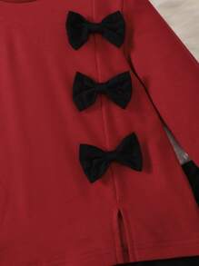 可愛蝴蝶結 前蝴蝶結心女童（小）兩件套 - 酒紅色 - 查看 4