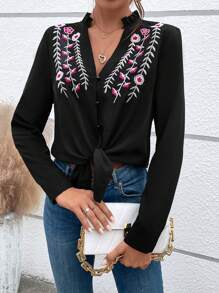 SHEIN LUNE Camisa con bordado floral con botón delantero - Negro - Ver 1