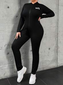 Flirla 大碼字母圖案拉鏈開襟彈力緊身連體褲 - 黑色 - 查看 5