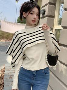 Dazy Star 1 Miếng Mẫu sọc Áo len Cape - Đen và trắng - Xem 4