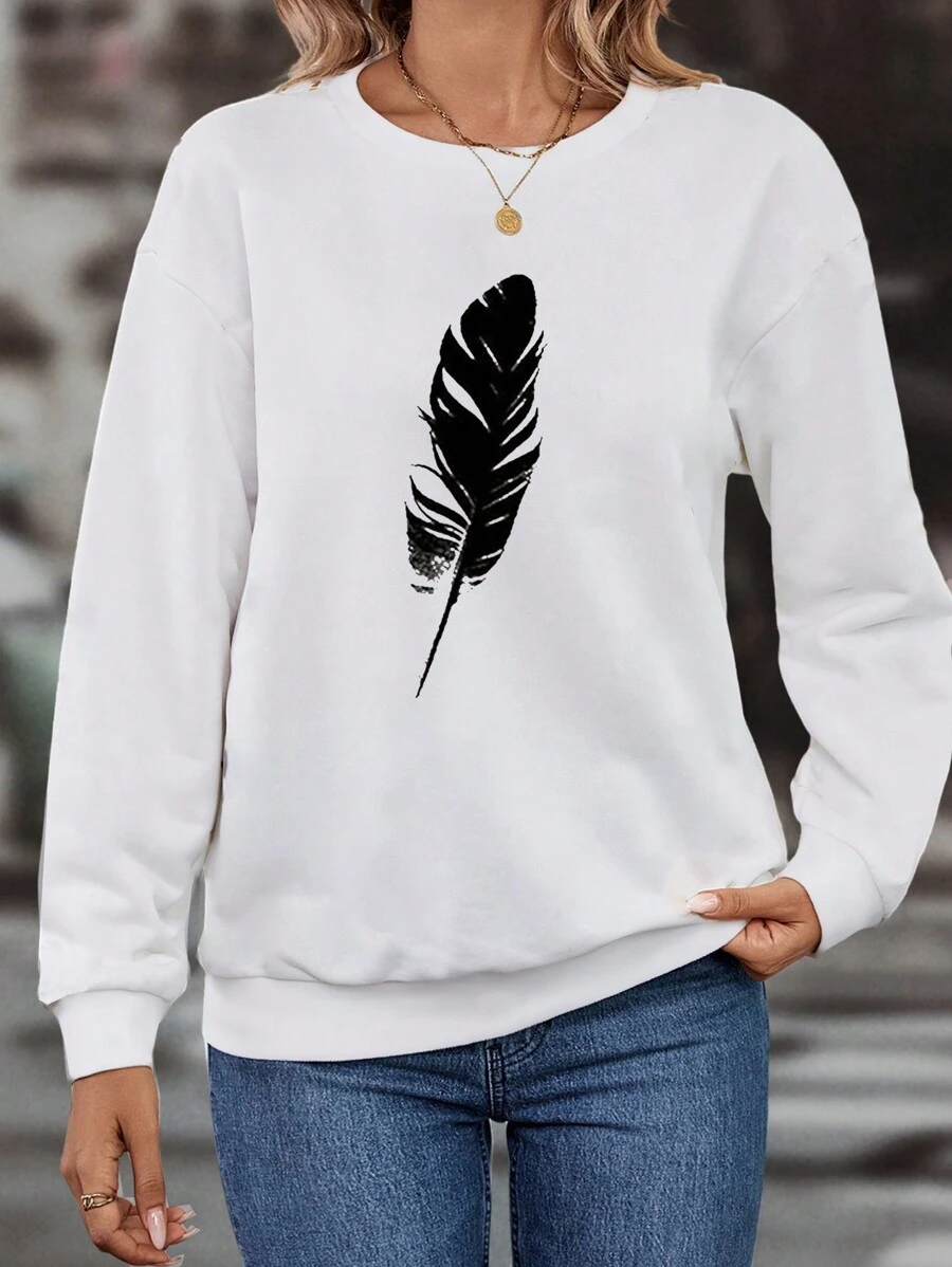 EMERY ROSE 羽毛印花落肩袖運動衫 - 白色 - 查看 1