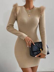 Chiquease Vestido de punto ribete lanudo tejido de canalé sin cinturón - Caqui - Ver 6