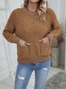 SHEIN LUNE Túi Kép Thả vai Áo len - màu nâu - Xem 3