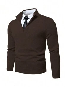 Manfinity Mode 男士素色拉鏈開襟套頭毛衣無襯衫 - 棕色 - 查看 1