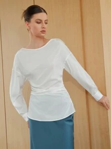 SHEIN Unity Camisa De Color Liso Con Hombros Caídos - Blanco - Ver 4