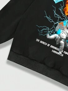 ROMWE MEN Street Life Hombres Capucha con estampado de slogan y figura con cordón - Negro - Ver 6