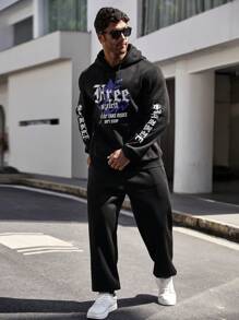 Manfinity LEGND 男士大码標語圖案抽繩連帽衫和運動褲 - 黑色 - 查看 3