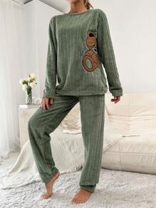 SHEIN Cottnline Bear Embroidery Flannel PJ Set - Green - View 3