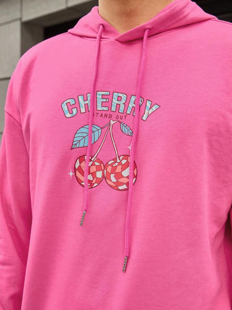 Loose Fit Men's Cherry & Letter Graphic Drop Shoulder Hoodie With Drawstring, For Fall Winter