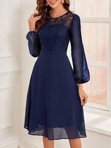 圓領長袖蕾絲拼接連衣裙 - 藏蓝色 - 查看 4