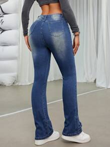 SHEIN ICON 高腰牛仔喇叭褲 - 深色水洗藍 - 查看 2