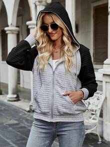 SHEIN Unity Colorblock Raglan Sleeve Zip Up Hooded Jacket - Light Grey - View 5