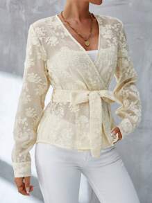 Aveloria Blusa floral jacquard con cinturón sin camisola