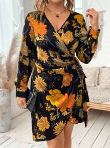 SHEIN Franclia Plus Floral Print Knot Side Wrap Dress - Black - View 1