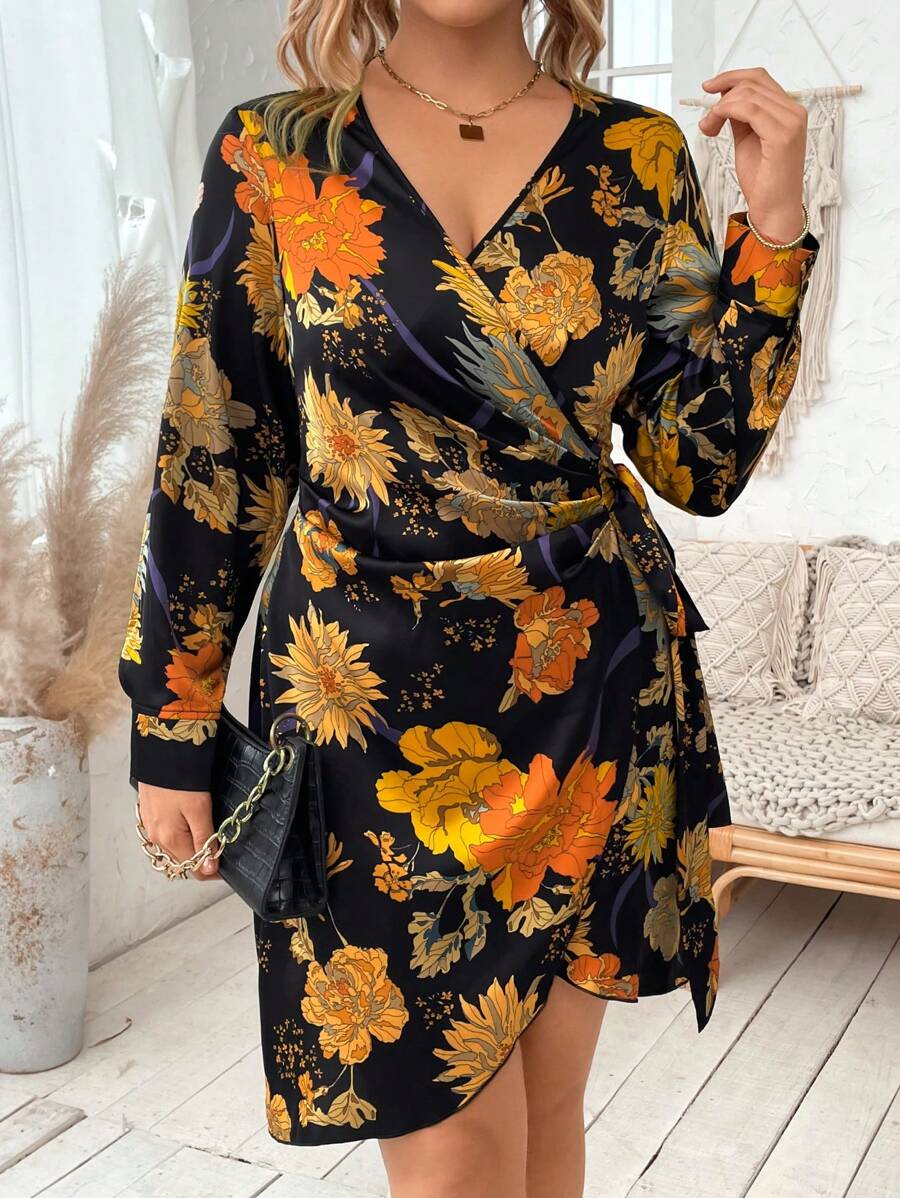 SHEIN Franclia Plus Floral Print Knot Side Wrap Dress - Black - View 1