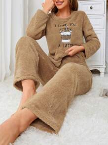 Coffee & Letter Embroidery Flannel PJ Set - Mocha Brown - View 1