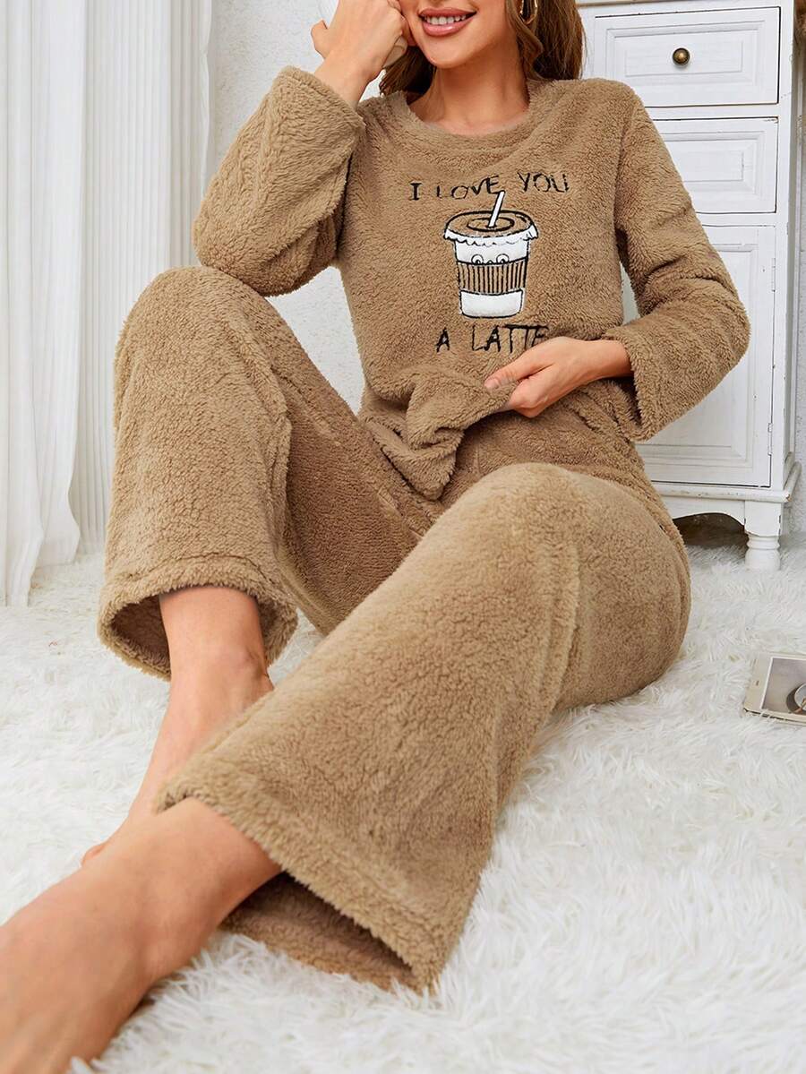 Coffee & Letter Embroidery Flannel PJ Set - Mocha Brown - View 1