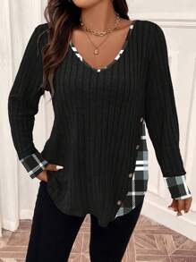 Plus Contrast Plaid Print Button Detail Tee Graphic Tees Women Tops Fall Cloth For Women - Black - View 3