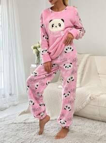 RueChic Panda & Letter Embroidery Flannel PJ Set - Multicolor - View 5
