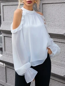 SHEIN Privé 荷葉邊下擺珍珠珠飾襯衫 - 白色 - 查看 4