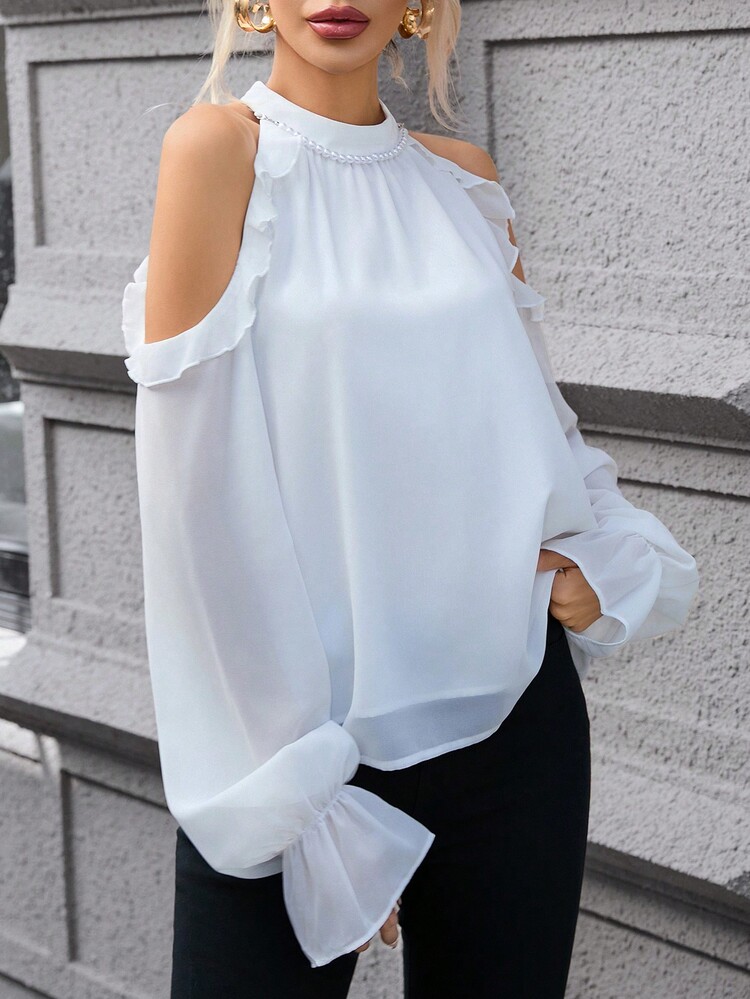 SHEIN Privé 荷葉邊下擺珍珠珠飾襯衫 - 白色 - 查看 4