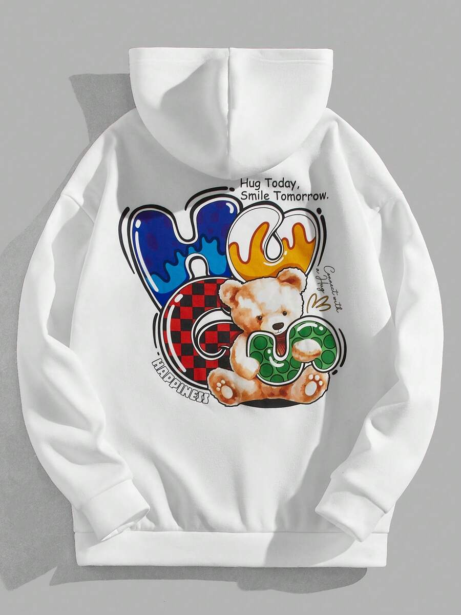 Manfinity RebelGame Loose Men Cartoon & Letter Graphic Drawstring Thermal Lined Hoodie - White - View 1