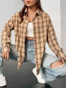 SHEIN Unity Áo sơ mi kẻ caro tay dài cài nút phía trước dáng rộng thoải mái đa năng - Màu Khaki - Xem 3