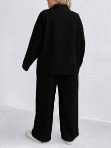 SHEIN LUNE Plus Half Zip Drop Shoulder Tee & Pants - Black - View 2