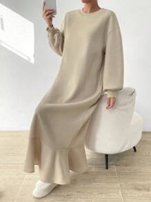 SHEIN ChicEase Slant Pocket Drop Shoulder Ruffle Hem Dress Maxi Women Outfit - Khaki - View 7