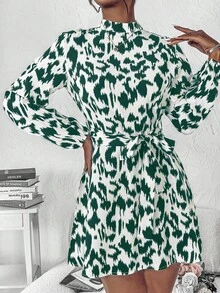 SHEIN Privé In Toàn bộ Cổ giả Váy có thắt lưng - màu xanh lá - Xem 5