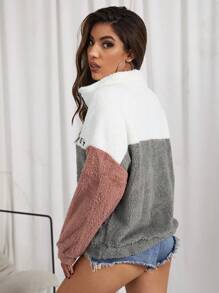 Muchica Embroidery Letter Colorblock Teddy Half Placket Pullover,Long Sleeve Tops In Fall/Winter - Multicolor - View 2