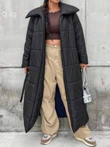 Flirla Plus Solid Belted Padded Padded Coat Clothes Winter - Black - View 7